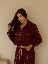 Set vivos vino en tela tipo scuba, chaqueta corta con cremallera – Bukuri