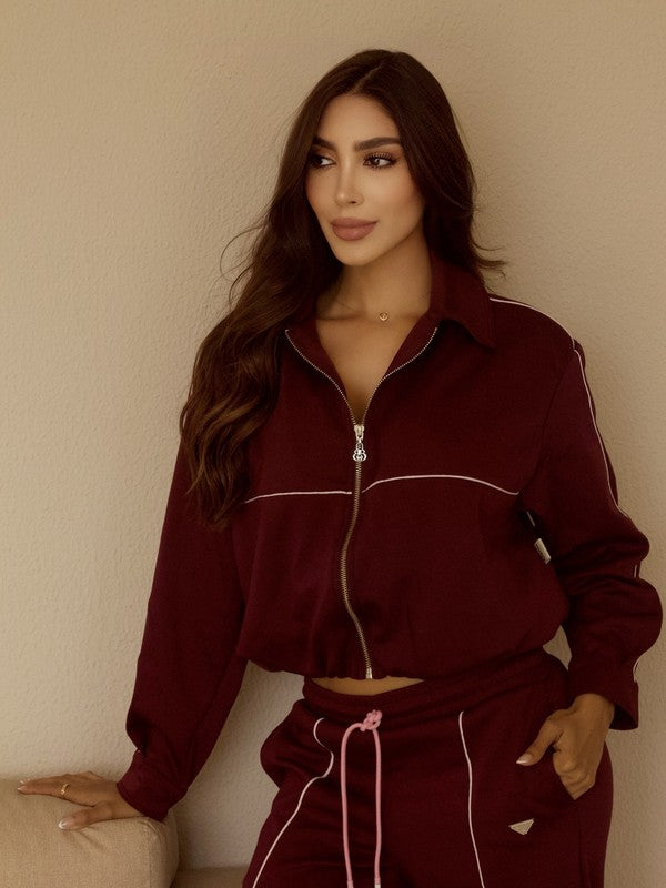 Conjunto chaqueta y pantalón vino con vivos rosa para mujer – Bukuri