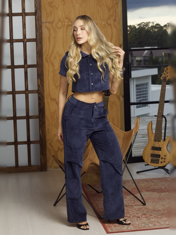 Set gamuzado azul oscuro, camisa crop y pantalón ancho para mujer – Bukuri