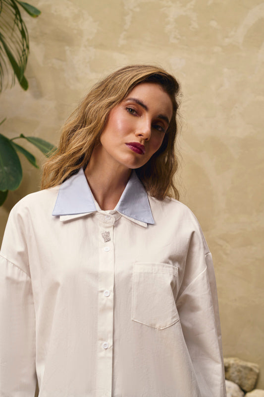 Camisa combinada doble cuello blanca