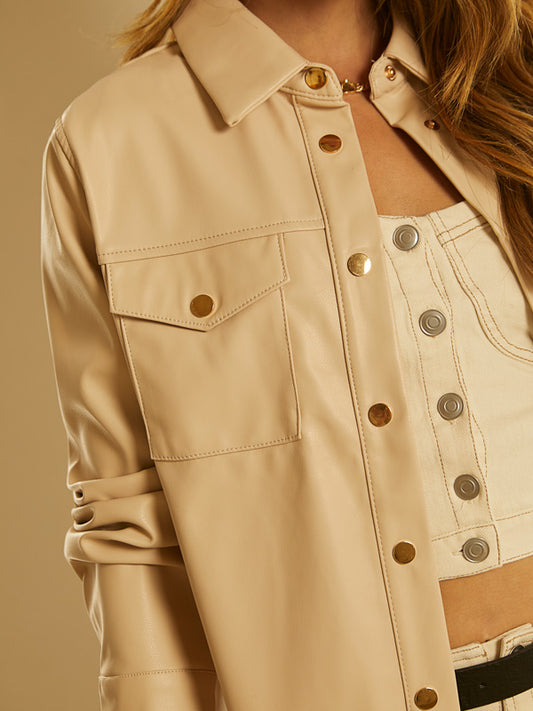 leather beige jacket oversized style