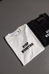 Mens t-shirt stop worring blanco-negro